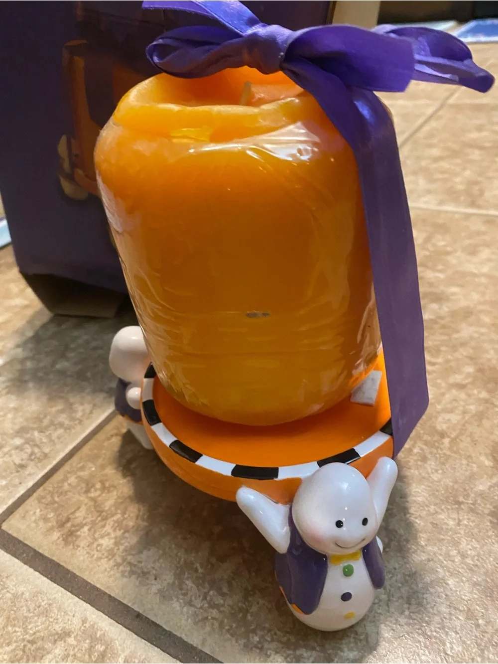Ceramic Pillar Candle Holder with Ghost Accents - Purple Halloween Decor